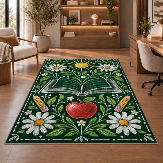 Chalkboard Apple and Daisies area rug in a study with an armchair and bookshelves
