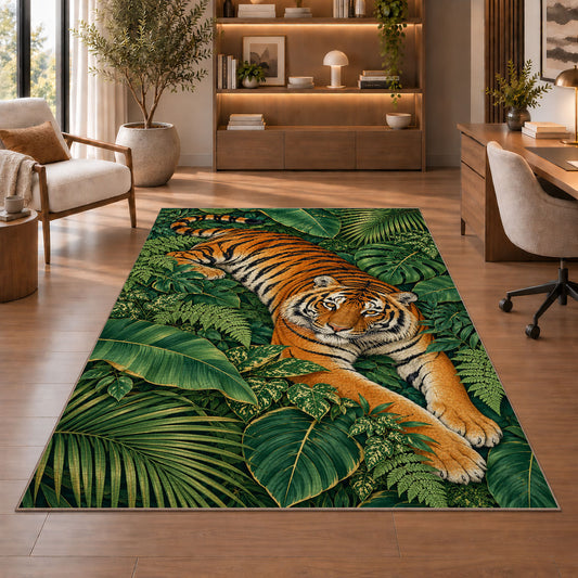 Tiger Resting on Jungle Leaves tiger rug in a study with an armchair and bookshelves