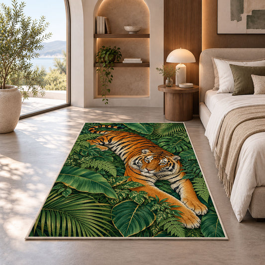 Tiger Resting on Jungle Leaves tiger rug in a bedroom with an arched window