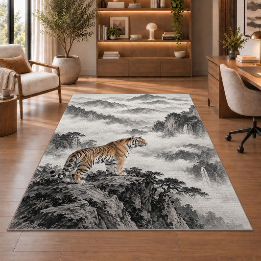 Ink Wash Tiger on Mountain tiger rug in a study with an armchair and bookshelves