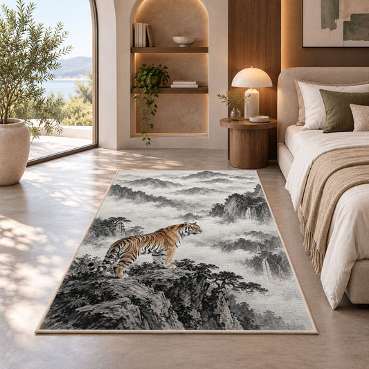 Ink Wash Tiger on Mountain tiger rug in a bedroom with an arched window