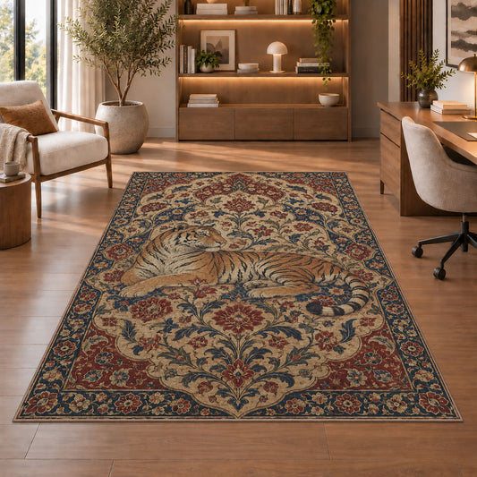 Persian Style Tiger tiger rug in a study with an armchair and bookshelves