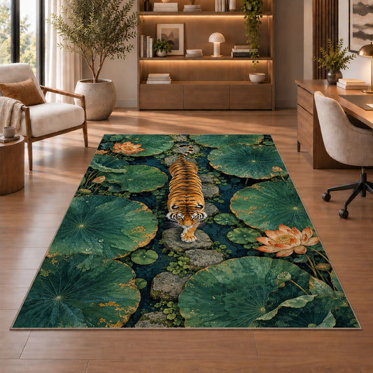 Tiger Crossing Lotus Pond tiger rug in a study with an armchair and bookshelves