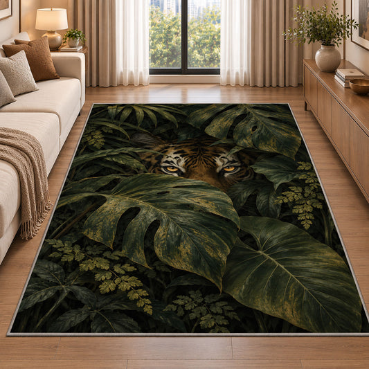 Tiger Eyes in Monstera Leaves tiger rug in a living room beside a sofa