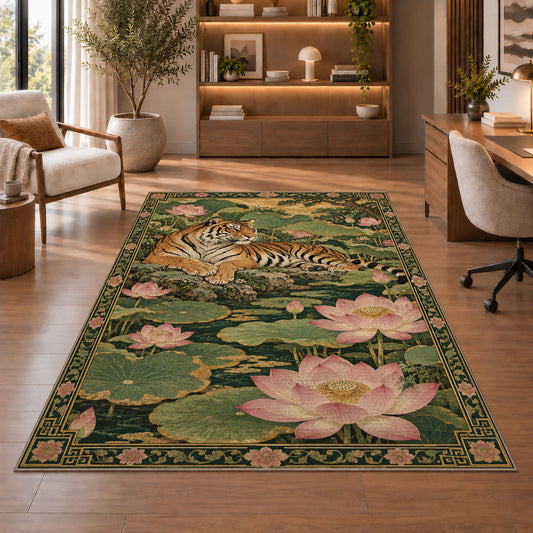 Tiger and Pink Lotus tiger rug in a study with an armchair and bookshelves