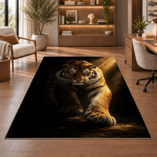 Tiger in Spotlight tiger rug in a study with an armchair and bookshelves