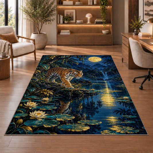 Moonlit Lake Tiger tiger rug in a study with an armchair and bookshelves