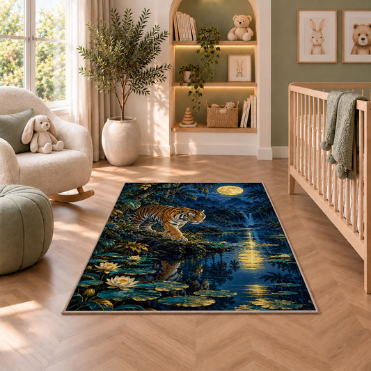 Moonlit Lake Tiger tiger rug in a nursery with a crib and armchair