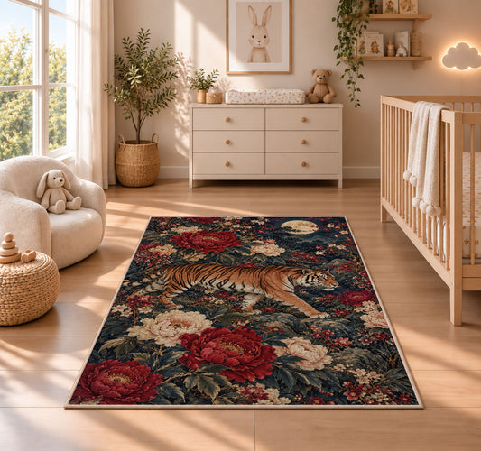 Tiger and Peonies Under Moon tiger rug in a nursery beside a crib
