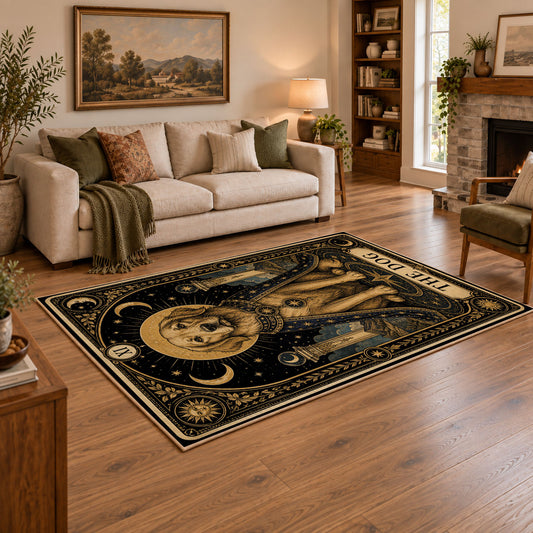 black and gold celestial lion zodiac area rug, styled product view 2