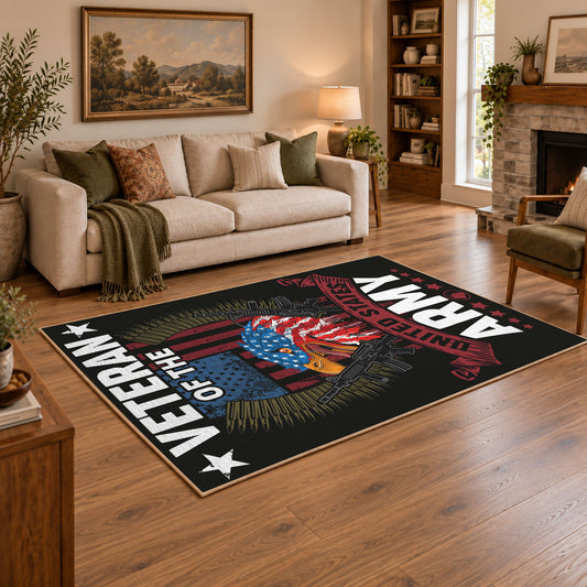 black patriotic military veteran eagle area rug, styled product view 2