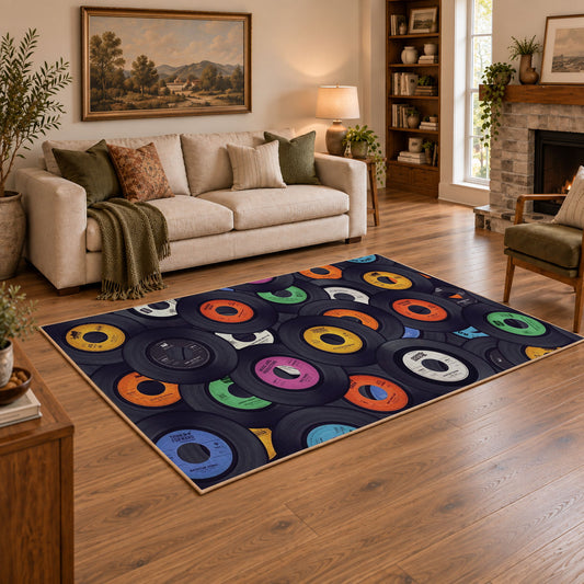 colorful vinyl record retro music area rug, styled product view 2