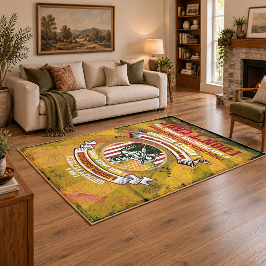 distressed gold military service tribute area rug, styled product view 2