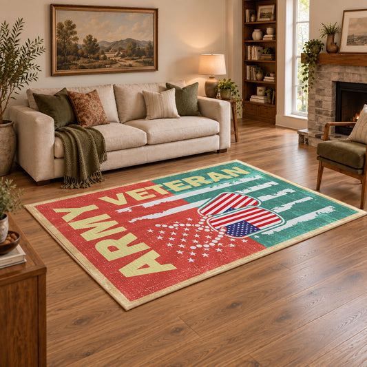red and green vintage army veteran service area rug, styled product view 2