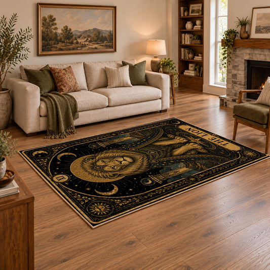 black gold celestial elephant mystical vintage area rug, styled product view 2