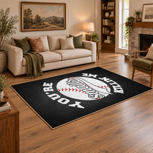 motivational baseball black white vintage sports area rug, styled product view 2