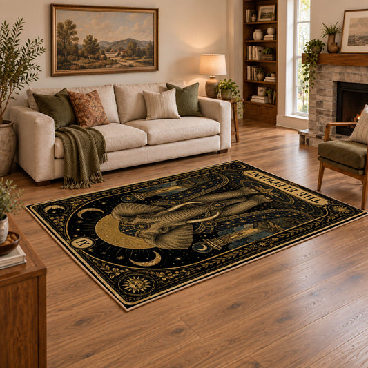 black gold elephant mandala mystical vintage area rug, styled product view 2