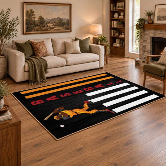black white orange army tribute vintage military area rug, styled product view 2