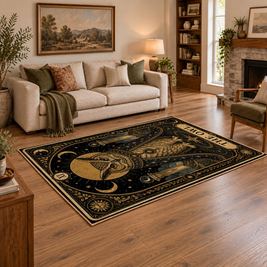 ornate celestial elephant black gold vintage area rug, styled product view 2