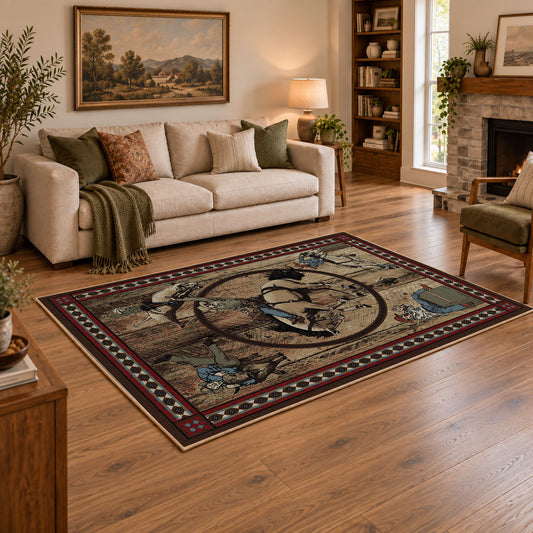 brown celestial horse zodiac mystical vintage area rug, styled product view 2