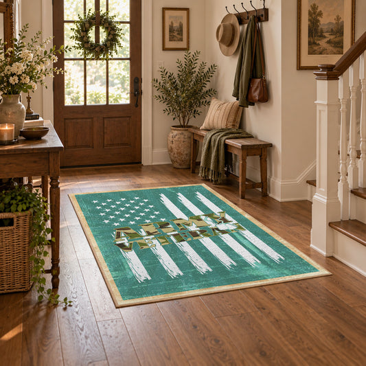 teal patriotic military tank and flag area rug, styled product view 1