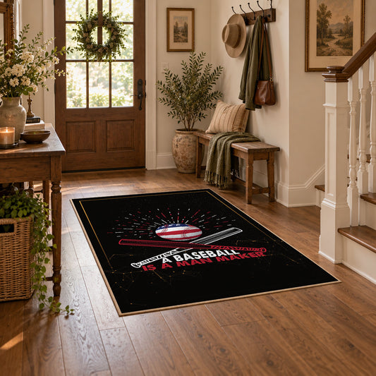 black red baseball bat ball vintage sports area rug, styled product view 1