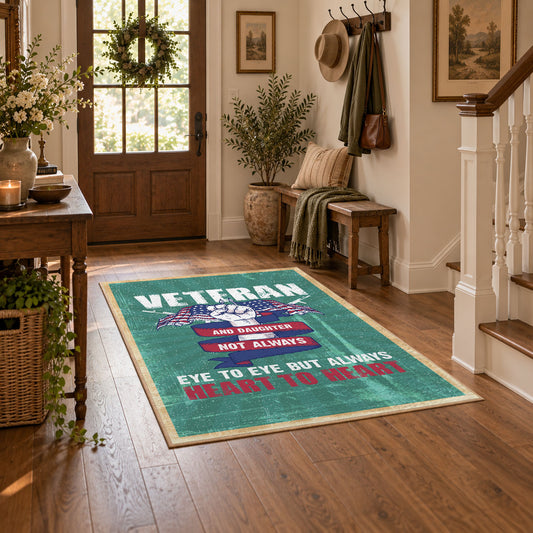 teal red veteran tribute patriotic vintage area rug, styled product view 1