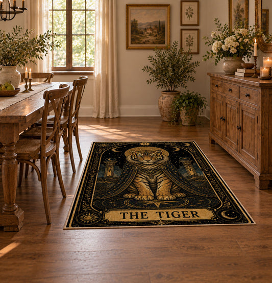 ornate elephant mandala black gold mystical vintage area rug, styled product view 1
