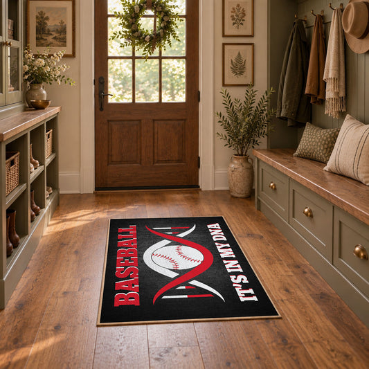 black and red motivational baseball area rug, styled product view 1