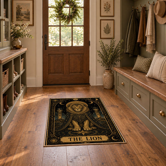 black gold celestial elephant mystical vintage area rug, styled product view 1