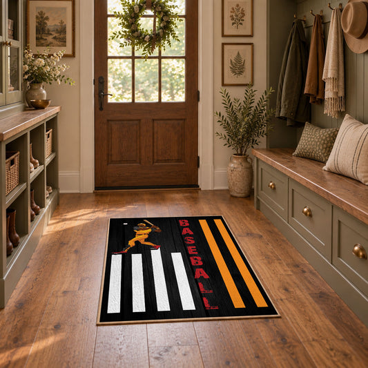 black white orange army tribute vintage military area rug, styled product view 1