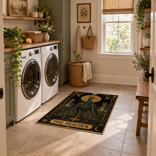 black and gold celestial bull zodiac area rug, styled product view 1