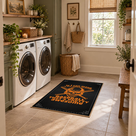 black orange vintage mechanic quote workshop area rug, styled product view 1