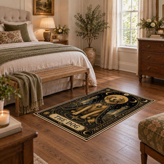 black and gold celestial lion zodiac area rug, styled product view 1