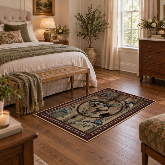 brown celestial horse zodiac mystical vintage area rug, styled product view 1