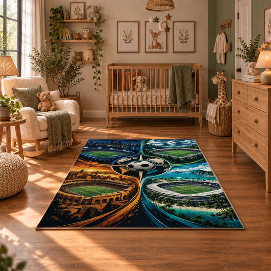 Four Seasons Soccer Ball Landscape Area Rug styled in a cozy nursery