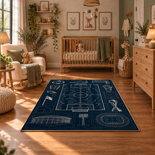 Tactical Soccer Pitch Blueprint Area Rug styled in a cozy nursery