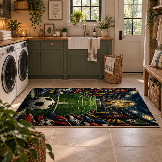 Stadium Soccer Ball Sports Area Rug styled in a modern laundry room