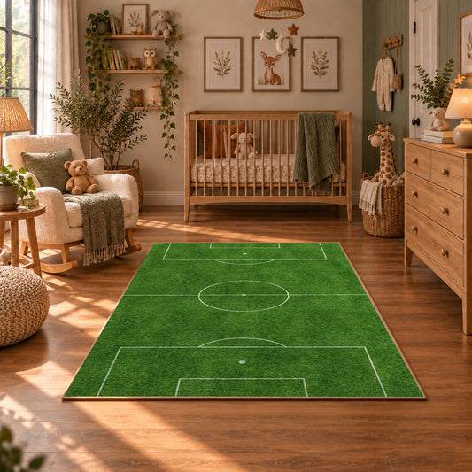 Minimal Green Soccer Field Area Rug styled in a cozy nursery