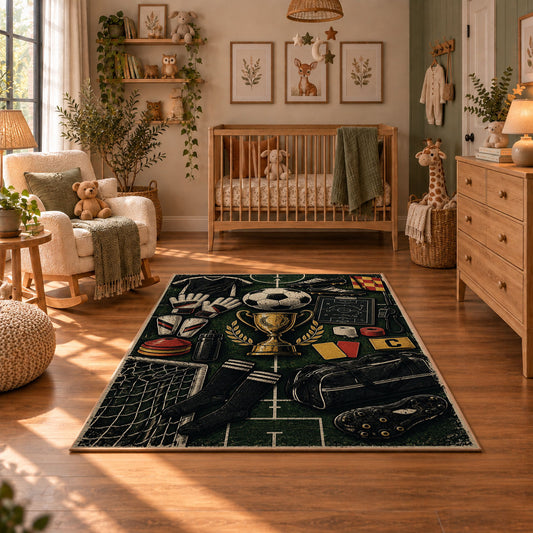 Vintage Football Trophy Blueprint Area Rug styled in a cozy nursery