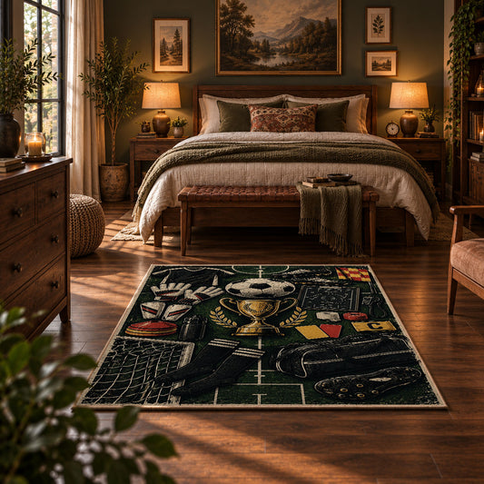 Vintage Football Trophy Blueprint Area Rug styled in a bedroom corner