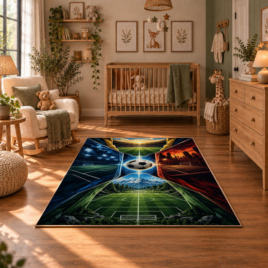 Fire and Ice Soccer Field Area Rug styled in a cozy nursery