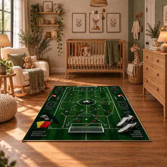Digital Football Tactics Board Area Rug styled in a cozy nursery