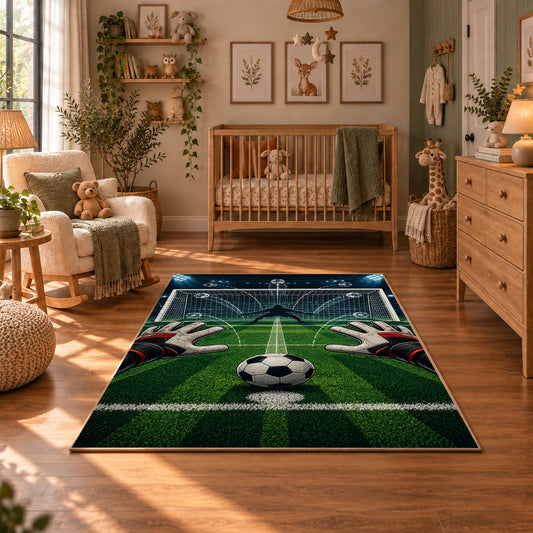 Soccer Stadium Match Day Area Rug styled in a cozy nursery
