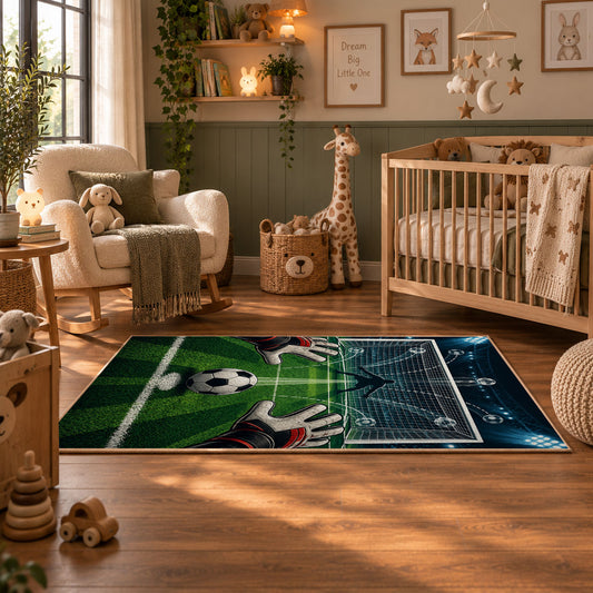 Soccer Stadium Match Day Area Rug styled in a nursery room