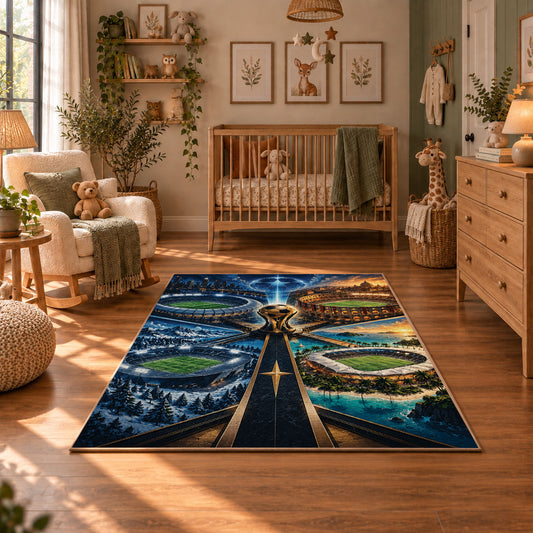 Champions Road Soccer Stadium Area Rug styled in a cozy nursery