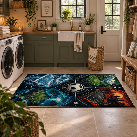 Split Seasons Football Ball Area Rug styled in a modern laundry room