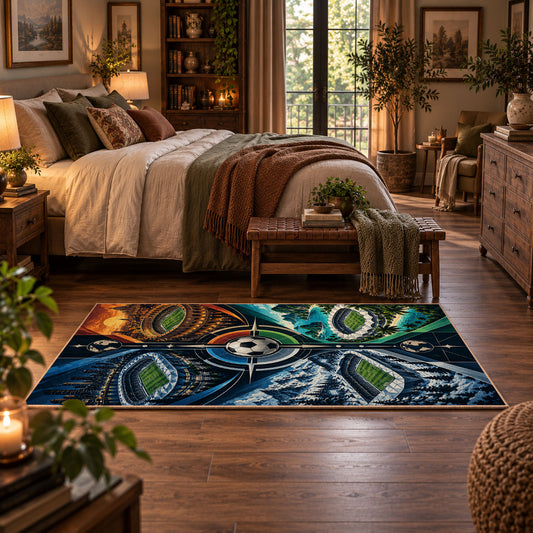 Compass Stadium Football Area Rug styled in a main bedroom