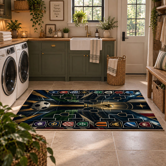 Tactical Championship Football Area Rug styled in a modern laundry room