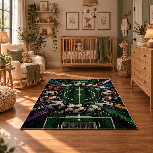 Stadium Goal Soccer Ball Area Rug styled in a cozy nursery